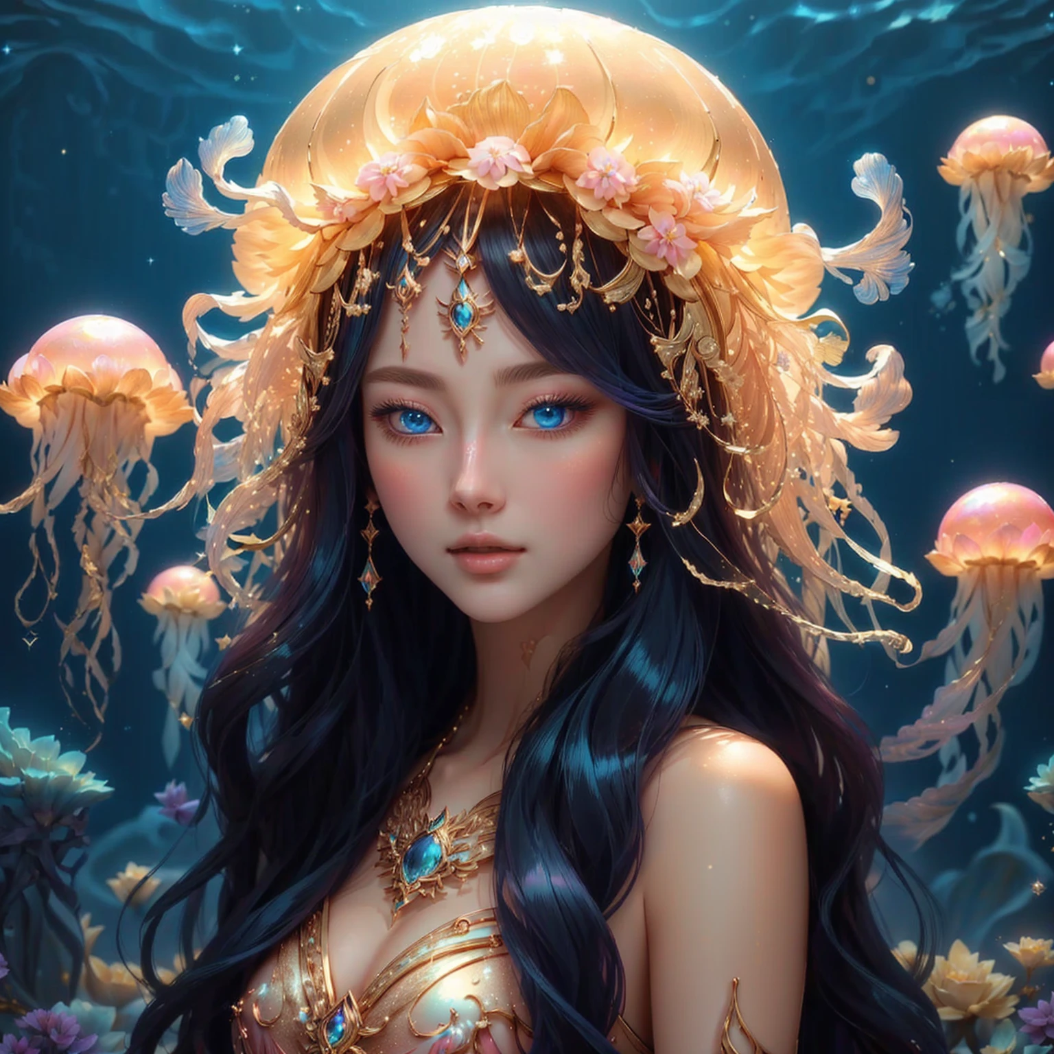 woman , sea blue eyes , pink mouth ,Dressed in gold, standing in front of a crescent moon., goddess of heaven, goddess of the moon, anime goddess, beautiful heavenly mage, lunar goddess, Moon Goddess, Golden Lotus Princess, Goddess of the Galaxy, Beautiful Fantasy Empress, ((Beautiful Fantasy Empress)), Goddess and Moon, As the sun goddess,, Goddess of space and time , , Fine gold jewelry