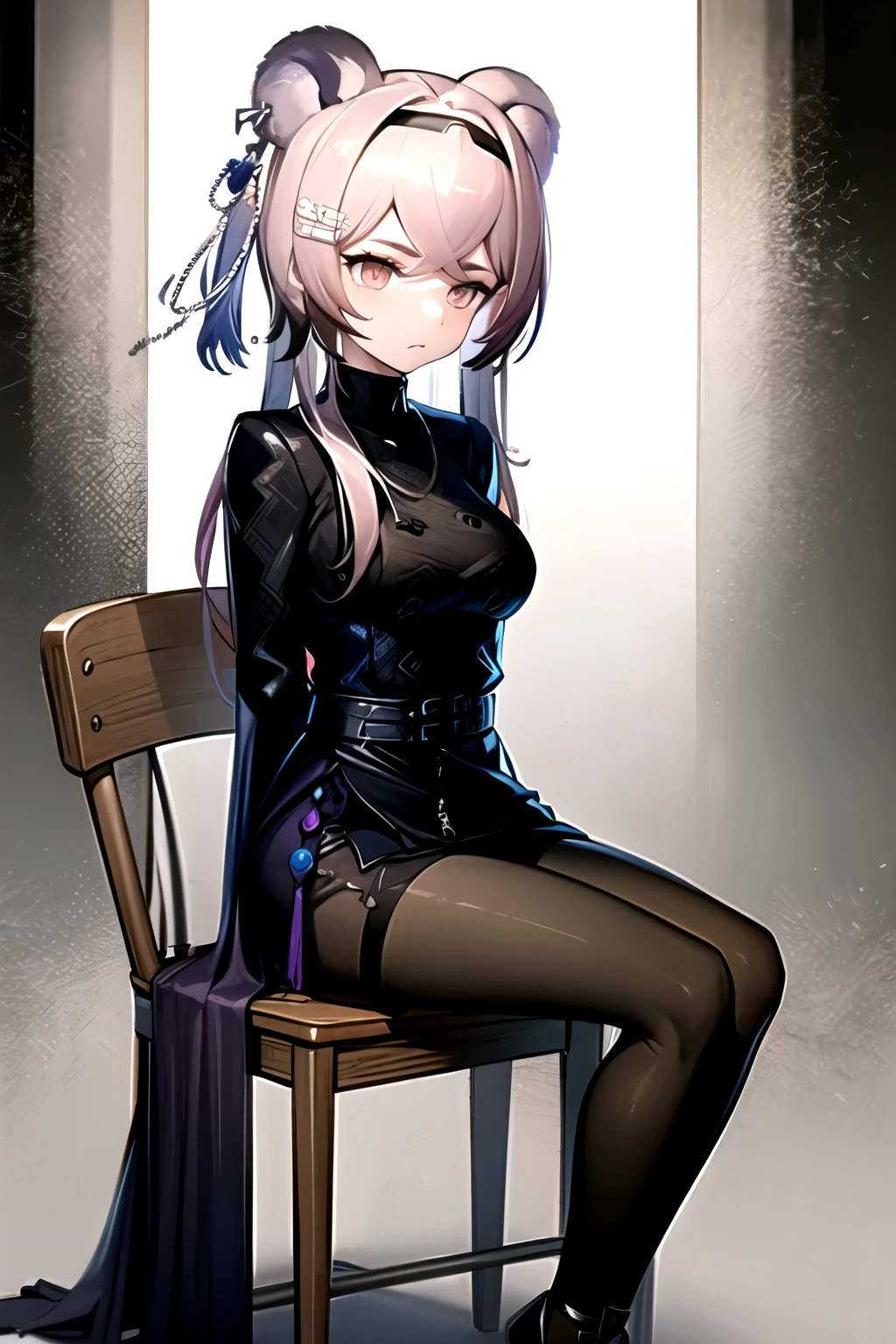 highest quality, masterpiece, High resolution, one person in, {Rin_Arknights:0.90}, 1 girl, black_dress, length_sleeve, looking for_in_Audience, cowboy_shot, Closed_mouth, ((hands tied behind)), ((arms behind back)), wide_sleeve, black_pantyhose, formal_alternine_Costumes, underground, Concrete floor, Concrete wall, underground room, Make a frown, sitting on the chair, pipe chair, Thighs together, black tights, Closed legs,