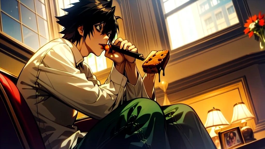 1 boy, man, perfect anatomy, mesmerizing black eyes, 8k resolution, (one person), (realism: 1.2), (masterpiece: 1.2), (cowboy frame: 1.2), dark romantic lighting, (high detail: 1.2), (detailed face: 1.2), (gradients), bright detailed eyes, (natural light: 1.2), solo, indoors, perfect lighting, (black lips), vampire fangs, perfect facial features, perfect angle, perfectly drawn eyes, man, smile, skinny, sitting, eating a brownie