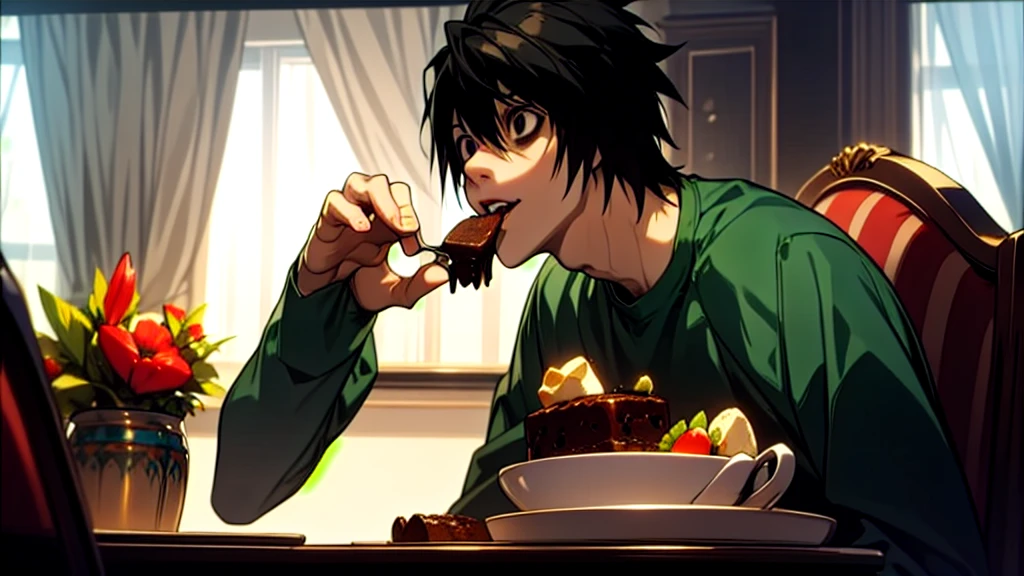 1 boy, man, perfect anatomy, mesmerizing black eyes, 8k resolution, (one person), (realism: 1.2), (masterpiece: 1.2), (cowboy frame: 1.2), dark romantic lighting, (high detail: 1.2), (detailed face: 1.2), (gradients), bright detailed eyes, (natural light: 1.2), solo, indoors, perfect lighting, (black lips), vampire fangs, perfect facial features, perfect angle, perfectly drawn eyes, man, smile, skinny, sitting, eating a brownie