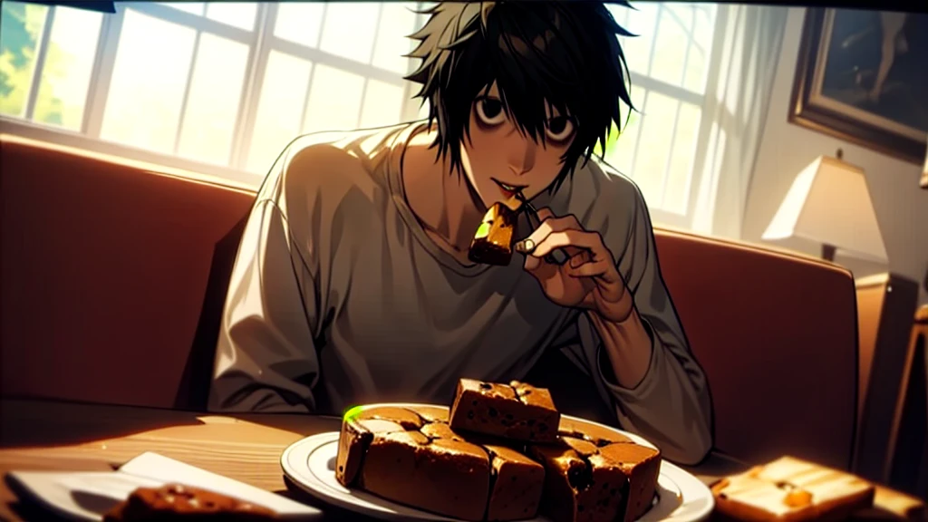 1 boy, man, perfect anatomy, mesmerizing black eyes, 8k resolution, (one person), (realism: 1.2), (masterpiece: 1.2), (cowboy frame: 1.2), dark romantic lighting, (high detail: 1.2), (detailed face: 1.2), (gradients), bright detailed eyes, (natural light: 1.2), solo, indoors, perfect lighting, (black lips), vampire fangs, perfect facial features, perfect angle, perfectly drawn eyes, man, smile, skinny, sitting, eating a brownie 
