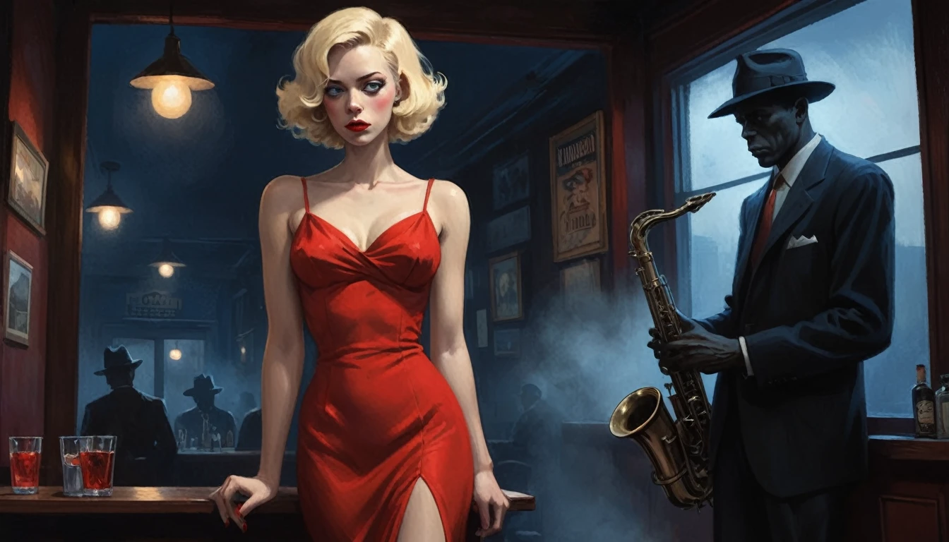 robert johnson, gritty, alabama bar, blue note, charismatic , red dress, illustration, noir fantasy, lone blonde lady, sad ending, saxophonist