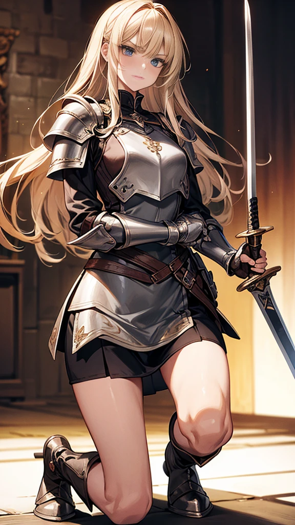 {{masterpiece}}, {{{best quality}}},{{ultra-detailed}}, {{illustration}},{{tall stature}},{{adult women}},((Female Swordsman)),Small breasts,Slender,{{armor}},((mini skirt)),Leather boots Get down on one knee V-shaped eyebrows Sweat No sleeve Shoulder Armor Gauntlet A strong expression blunt bangs Blonde long hair 1 female,alone, Jail