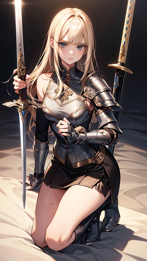 Ultra-high definition image quality、beautiful girl、Female Swordsman、Light armor、Greeboots、Long Hair、blonde、20-year-old、intimidating face、Very short tight skirt、Cowgirl、wilderness、Highest quality,Big Ass、Big Breasts、Thighs、Holy Sword Excalibur、Black panties、Jump by kicking off with your feet、Joan of Arc style、Wind King Barrier