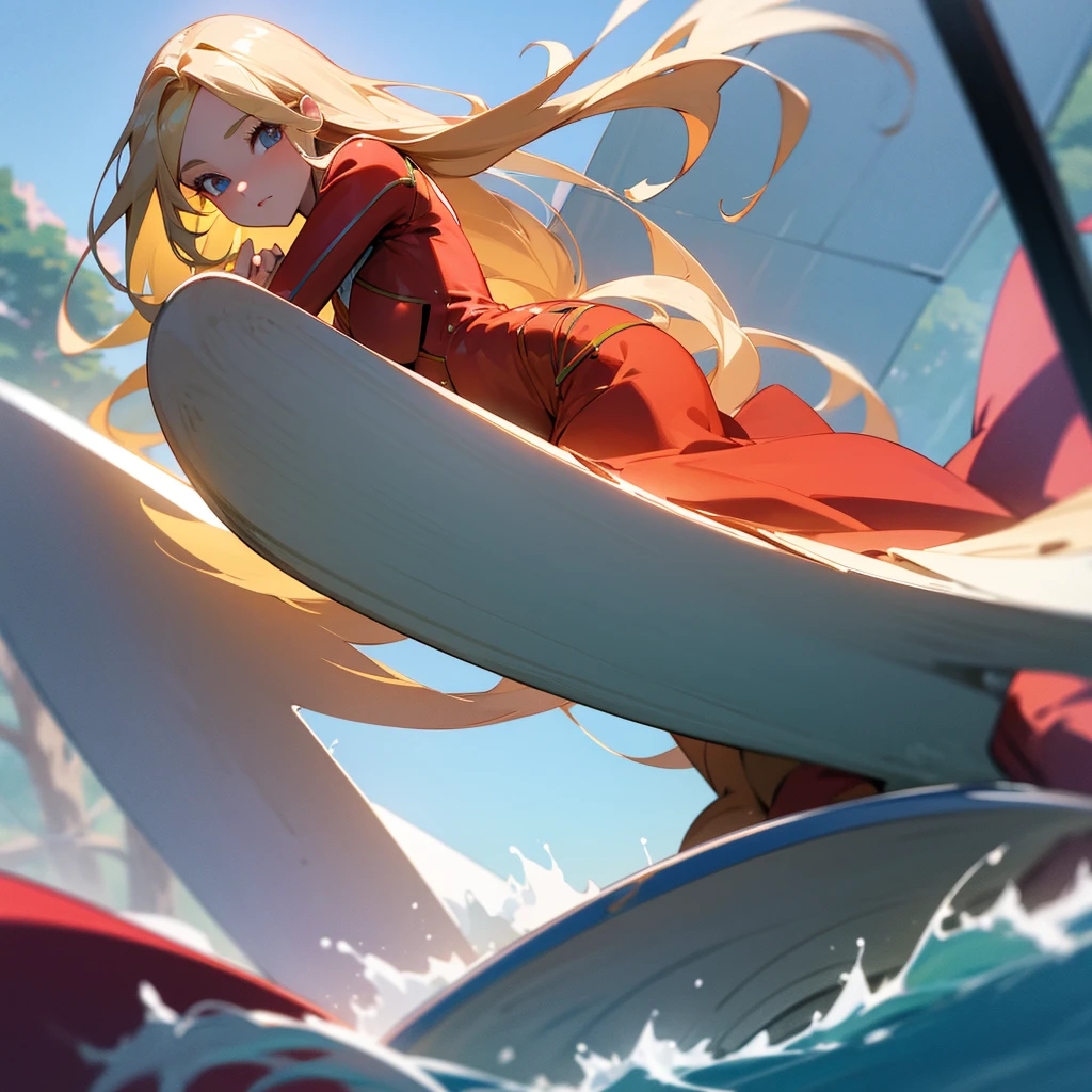 scene of a beautiful girl with long, stunning blonde hair standing on a sophisticated rocket surfboard. the girl wears a red modern costume. he surfs on a pine forest river with a very beautiful UHD view. Anime style. hyper realistic. ultra detail. very detailed. the face and hair are very detailed. Costumes are very detailed. Very detailed machine. 3d photo. bold shadows and light. 