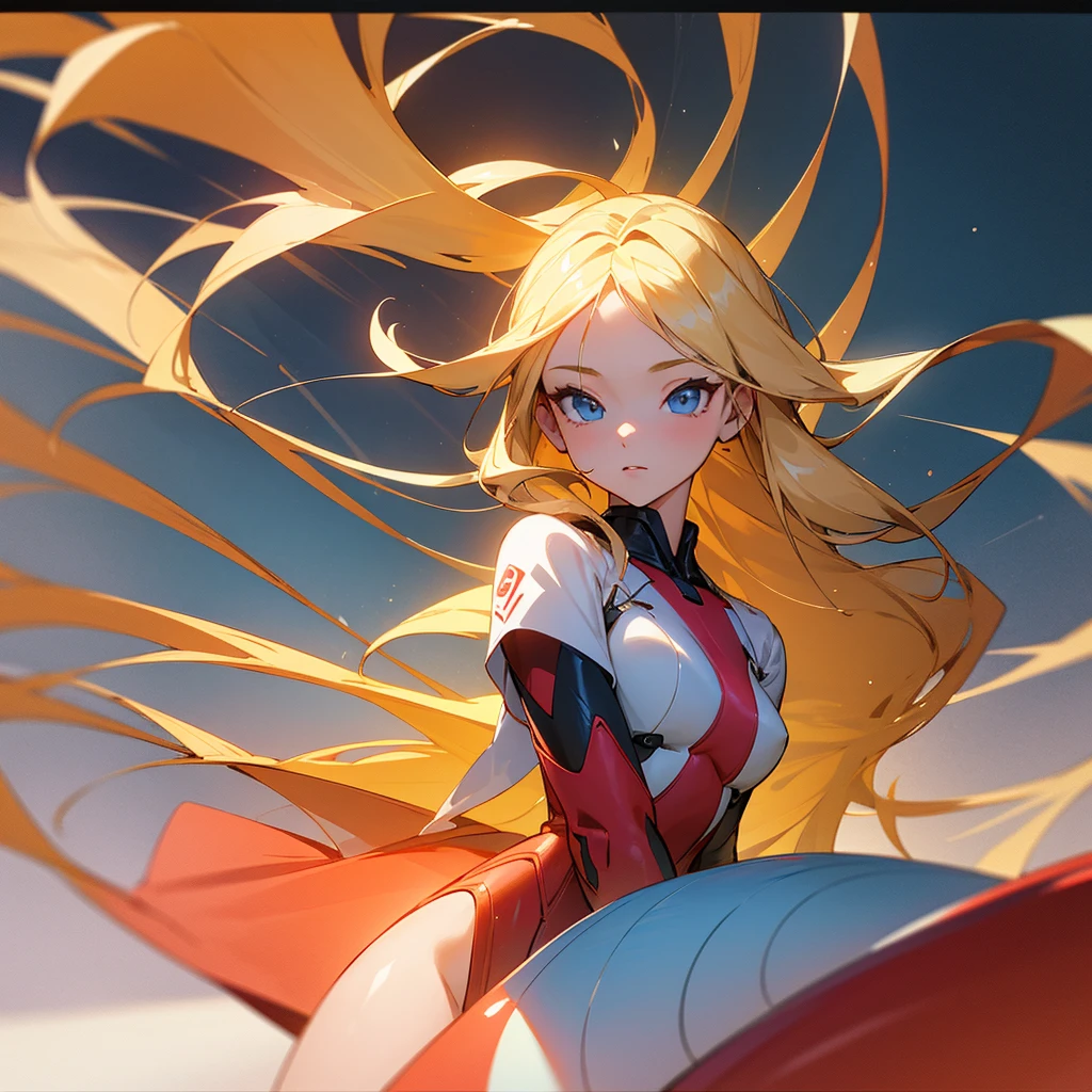 scene of a beautiful girl with long, stunning blonde hair standing on a sophisticated rocket surfboard. the girl wears a red modern costume. he surfs on a pine forest river with a very beautiful UHD view. Anime style. hyper realistic. ultra detail. very detailed. the face and hair are very detailed. Costumes are very detailed. Very detailed machine. 3d photo. bold shadows and light. 