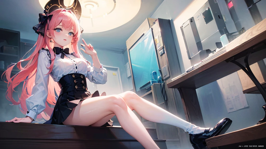 (finely detailed beautiful eyes and detailed face,masterpiece sidelighting,masterpiece,best quality,detailed,high resolution illustration),
(1girl,whole body,bishoujo,lustrous skin,looking down,looking at viewer),
(sky pink hair,Blue eyes,short skirt,ribbon,button shirt)、tits、Beautiful 5 fingers、Black lace pants、