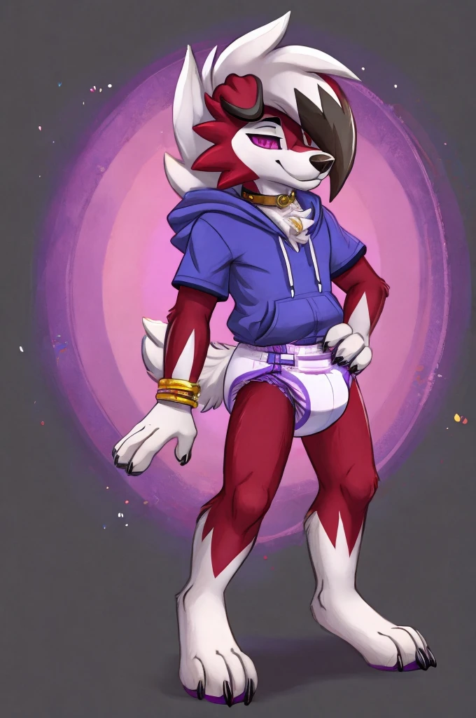  A dark purple Midnight femboy lycanroc wearing a blue and purple hoodie and diaper and white socks with black stripes and a gold necklace on his neck and with bracelets on his arms 