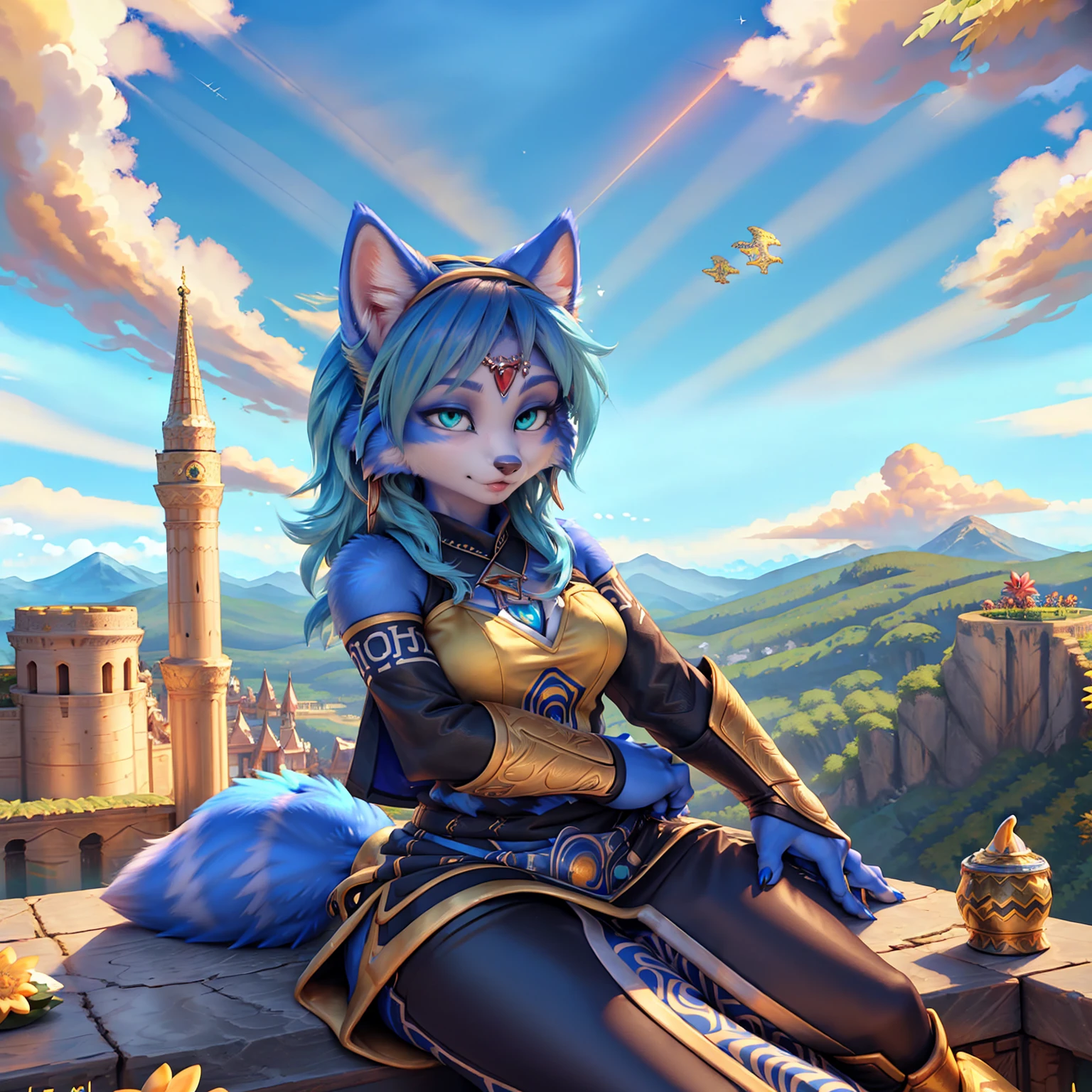 A beautiful and detailed (sweet picture) of ((Krystal)), Star Fox Krystal, green eyes, medium breasts, (((Long blue hair 1.3))), anthro, furry, (of Fluff-Kevlar, Bayard Wu, Personalami, Pino Daeni), detailed fluffy fur, detailed face, (fluffy), 1 girl, alone, Haare bedecken ein Auge:1.4, (((geht über ein Feld mit hohem Gras :1.3))), (((schaut in den himmel:1.4))),