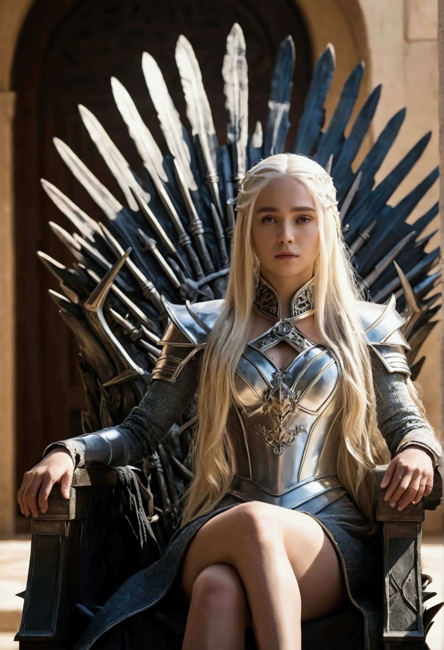 (8k, CRU photo, highy detailed,work of art, highest quallity),rich colors,hight contrast,movie film still,foto completa do corpo da work of art mais bonita do mundo,cinematic light, mulher loira do long hair, fancy,high resolution,(face detailed),
Xuer Iron Throne,1 girl,sitting down,long hair,don,Inside the house,standing alone,platinum blonde hair,lighting sun,mantea,