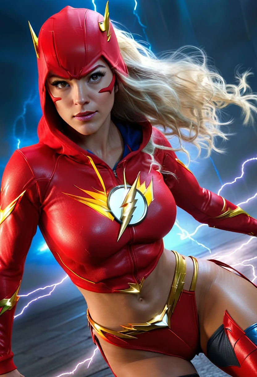 DC Comics character "The Flash" transformed into a woman : Female Flash, DC Comics, Masterpiece, Best Quality, Hyperrealistic, 16k HDR, Photorealistic, Cinematic, Red hoodie with golden lightning bolts, Lean muscular build, Long blonde ponytail, Detailed eyes with electric blue irises that flicker like lightning, standing in a dynamic pose, Hands on hips, Smiling confidently, Revealing a hint of her toned abs and the iconic red and yellow lightning bolt symbol on her thigh, Captivating and full of energy, CG unified