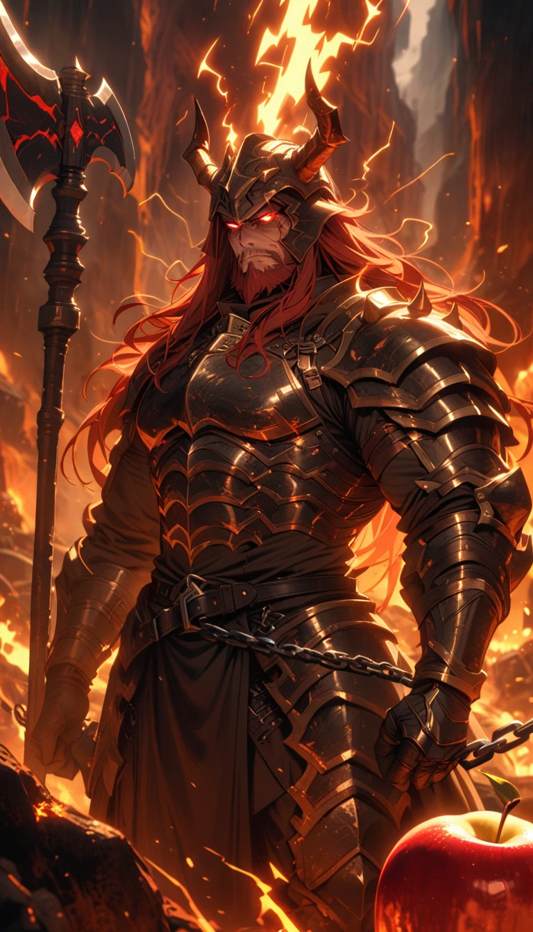 ((best quality)) , ((masterpiece)) , (detailed),axe, 1boy, male focus, horns, glowing eyes, holding, beard, glowing, solo, weapon, holding axe, facial hair, muscular, fire, holding weapon, chain, looking at viewer, long hair, lightning, muscular male, red hair, horned helmet, armor, helmet, belt, fake horns, molten rock, feet out of frame, standing, battle axe, electricity,(((apples)))