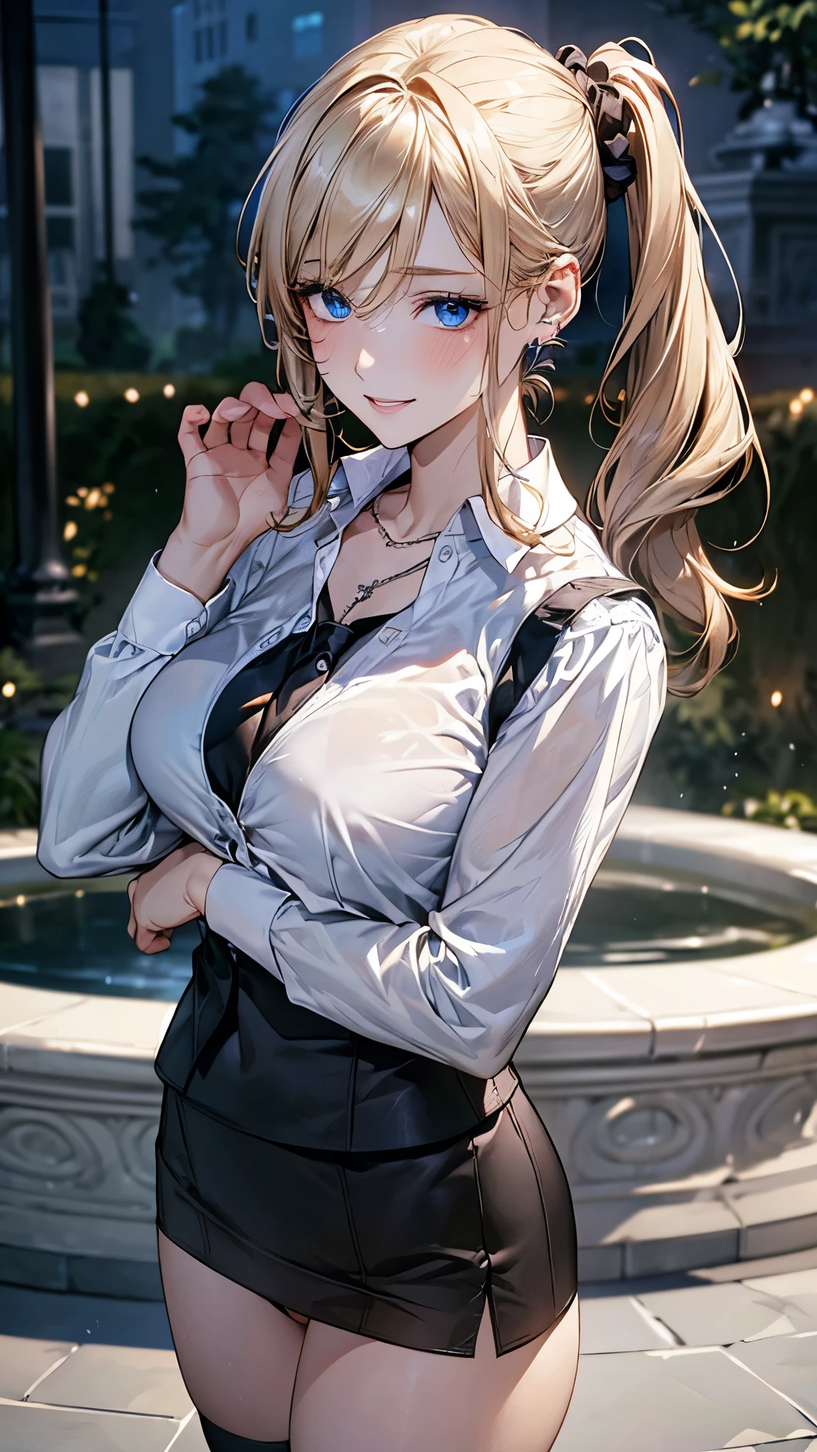 (masterpiece:1.3, top-quality, ultra high res, ultra detailed), (realistic, photorealistic:1.4), beautiful illustration, perfect lighting, natural lighting, colorful, depth of fields, surrealism, 
beautiful detailed hair, beautiful detailed face, beautiful detailed eyes, beautiful clavicle, beautiful body, beautiful chest, beautiful thigh, beautiful legs, beautiful fingers, shiny skin, 
looking at viewer, 1 girl, japanese, high school girl, (perfect anatomy, anatomically correct, super detailed skin), cute and symmetrical face, babyface, perfect face, perfect eyes, 
(middle hair, twintails, blonde hair), hair between eyes, blue eyes, big eyes, long eyelashes, (medium breasts, seductive thighs), slender, outstanding style, 
((detailed cloth texture, break,break, white collared shirt, break,break, light brown knit vest, break,break, grey pleated skirt, break,break, red bow tie), break,break, white socks, black loafer), 
(beautiful scenery), evening, (park), standing, leaning forward, (arms behind back), (lovely smile, parted lips),