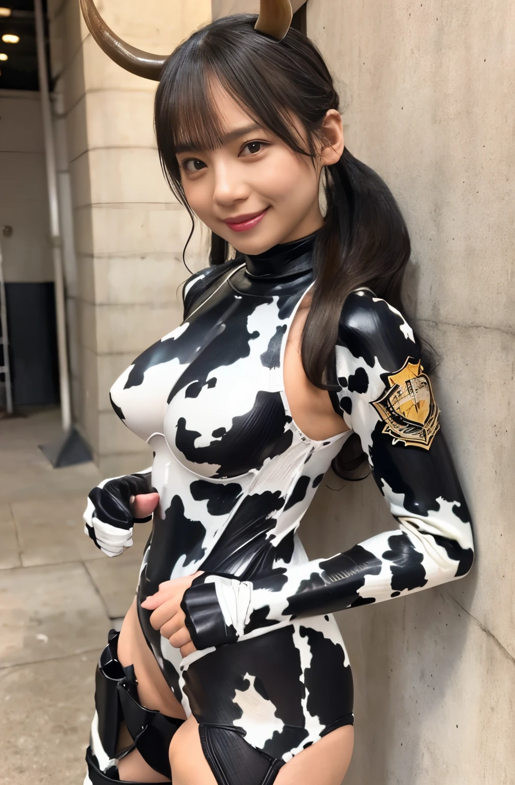 (high resolution,masterpiece,best quality,extremely detailed CG, anime, official art:1.4), realistic, photo, amazing fine details, all intricate, gloss and shiny,awesome many layers, 8k wall paper, 3d, sketch, kawaii, illustration,( solo:1.4), perfect female proportion,villainess, (fusion of cow and lady:1.4), (cow form lady:1.2), (cow lady:1.2), (fusion:1.2), (solo:1.4), (evil smile:1.2), muscular, abs, (cow print full body muscular suit:1.4), (cow exoskeleton armor:1.2), (cow tail:1.4), (cow horns:1.3),