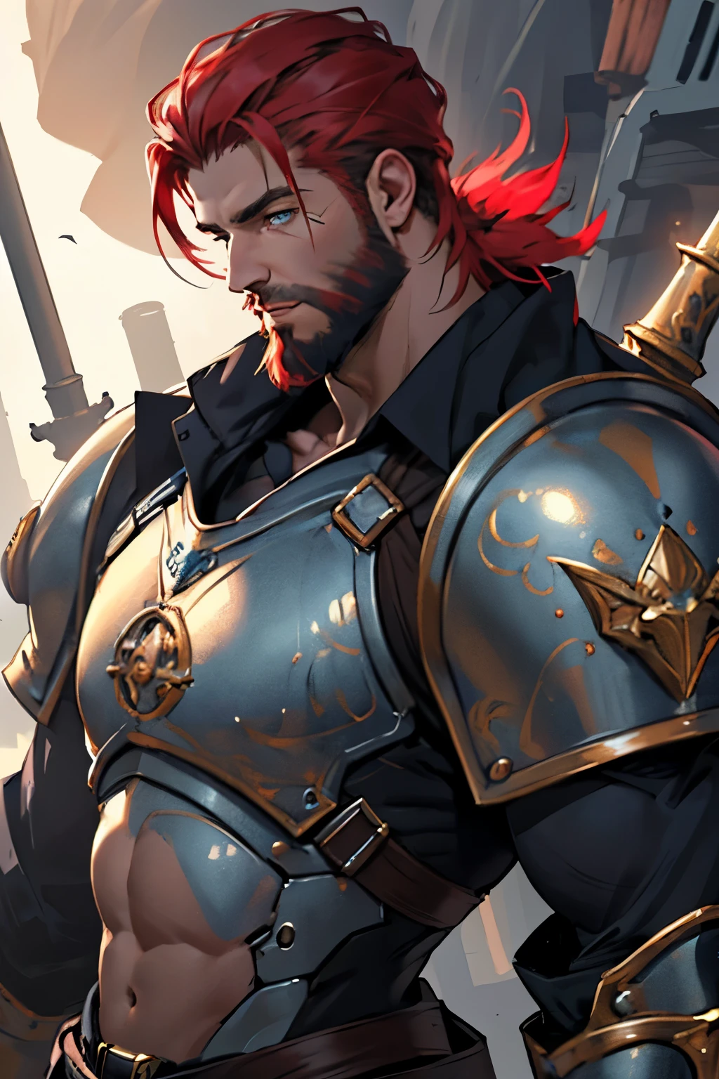 muscular man, Inventor, scientist, fantasy world, Red hair, Blue eyes, 40 years, bristle, beard, robotic armor, short haircut, heavy armor, defense,