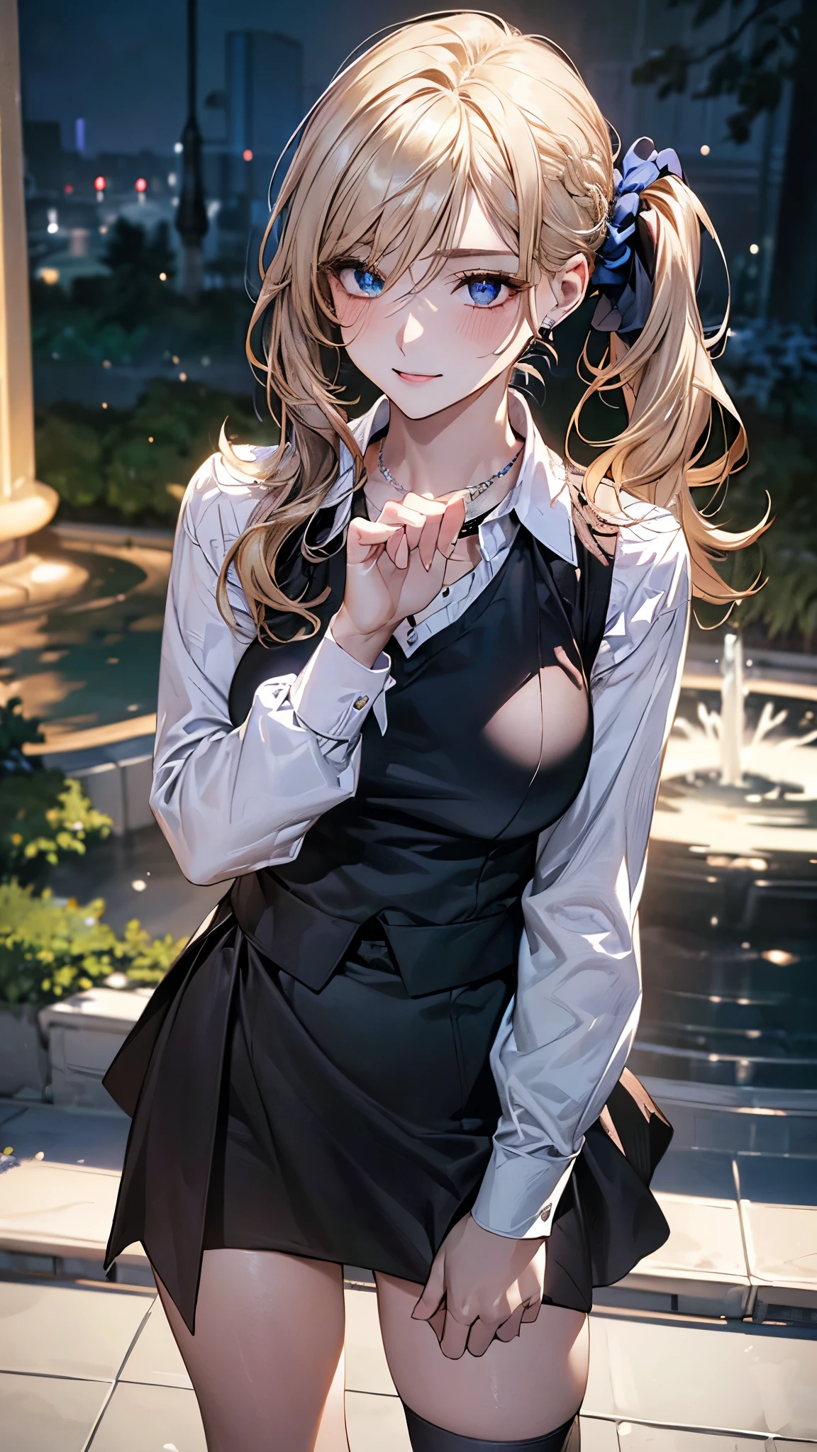 (masterpiece:1.2, top-quality), (realistic, photorealistic:1.4), beautiful illustration, (natural side lighting, movie lighting), depth of fields, (photograph), 
beautiful detailed hair, beautiful detailed face, beautiful detailed eyes, beautiful clavicle, beautiful body, beautiful chest, beautiful thigh, beautiful legs, beautiful fingers, 
looking at viewer, 1 girl, high school girl, (perfect anatomy, anatomically correct, super detailed skin), perfect face, parfect eyes, cute and symmetrical face, babyface, 
(long hair, side ponytail, sidelocks, blonde hair), hair between eyes, blue eyes, slant eyes, big eyes, long eye lasher, (large breasts, seductive thighs), slender, white skin, shiny skin, 
(long sleeve white collared shirt, black socks, black vest, kneehighs, dress shirt, black dress, necklace, ), blue scrunchie, jewelry, collarbone, 
(beautiful scenery), evening, (park:1.2, fountain), standing, (lovery smile, upper eyes, parted lips), 