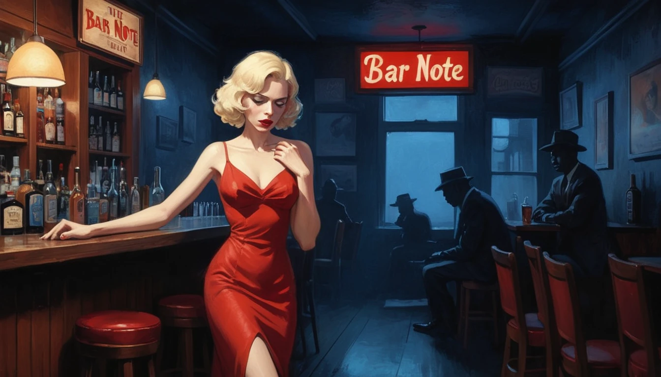 robert johnson, gritty, alabama bar, blue note, charismatic , red dress, illustration, noir fantasy, lone blonde lady, sad ending, saxophonist