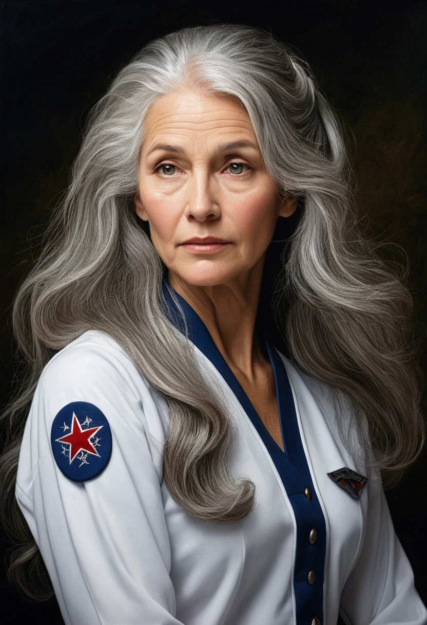 A once stunning supermodel, now aged and imprisoned by a malevolent scientist, her once youthful appearance fading with gray hair and a cheerleader's uniform as her only attire. This astonishing image captures the dichotomy of beauty and captivity, with the woman's long graying hair cascading around her as a symbol of her lost youth. The quality of the painting is exceptional, with exquisite attention to detail in both the woman's features and the intricate uniform she wears. The depiction evokes a sense of sadness and intrigue, drawing viewers into the mysterious story behind the image.