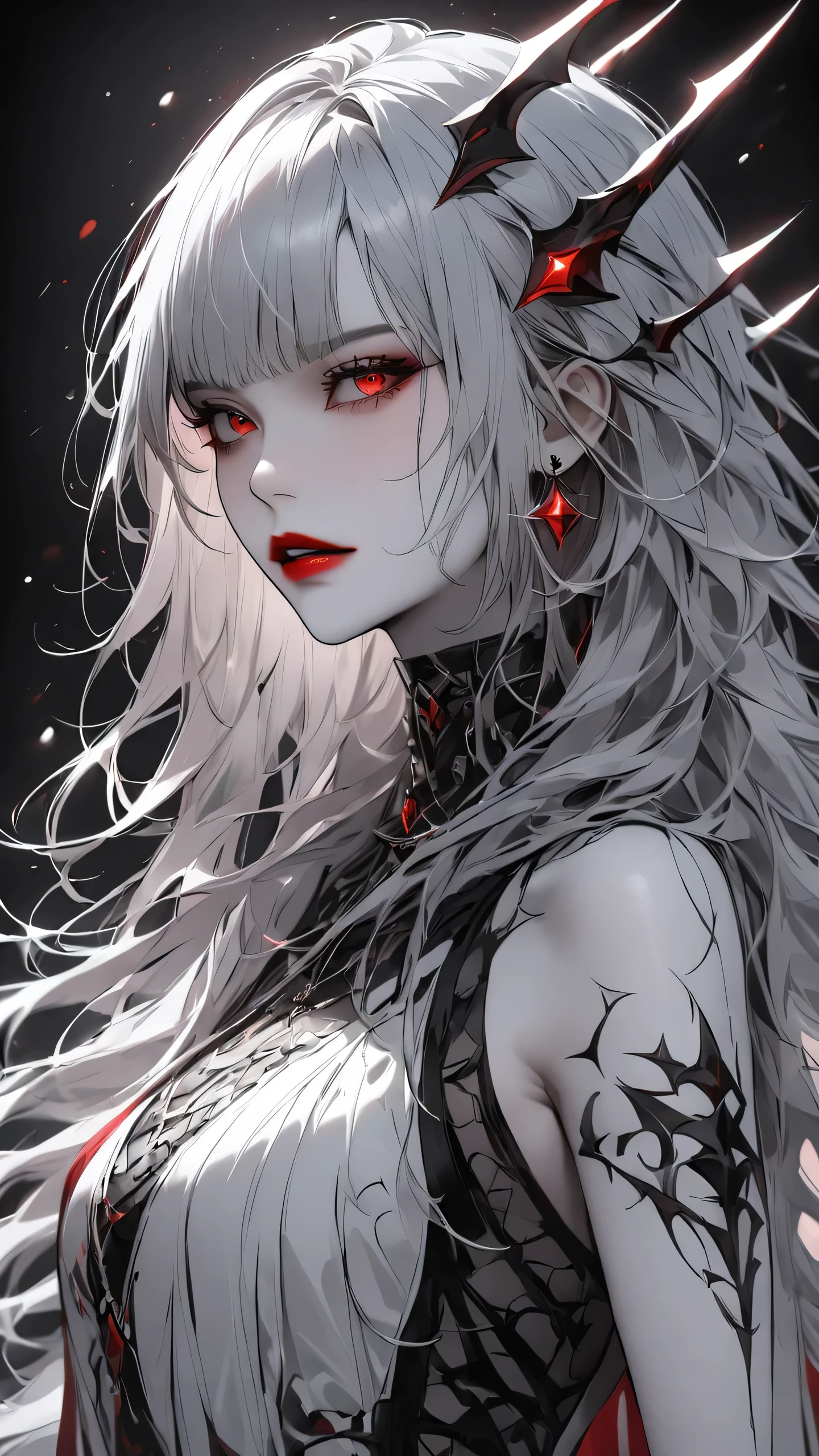 highest quality、masterpiece、1 girl、black background、gray hair:1.5、red eyes、red lips、white clothes、Black and white world、Black and white world、pale skin、side blade