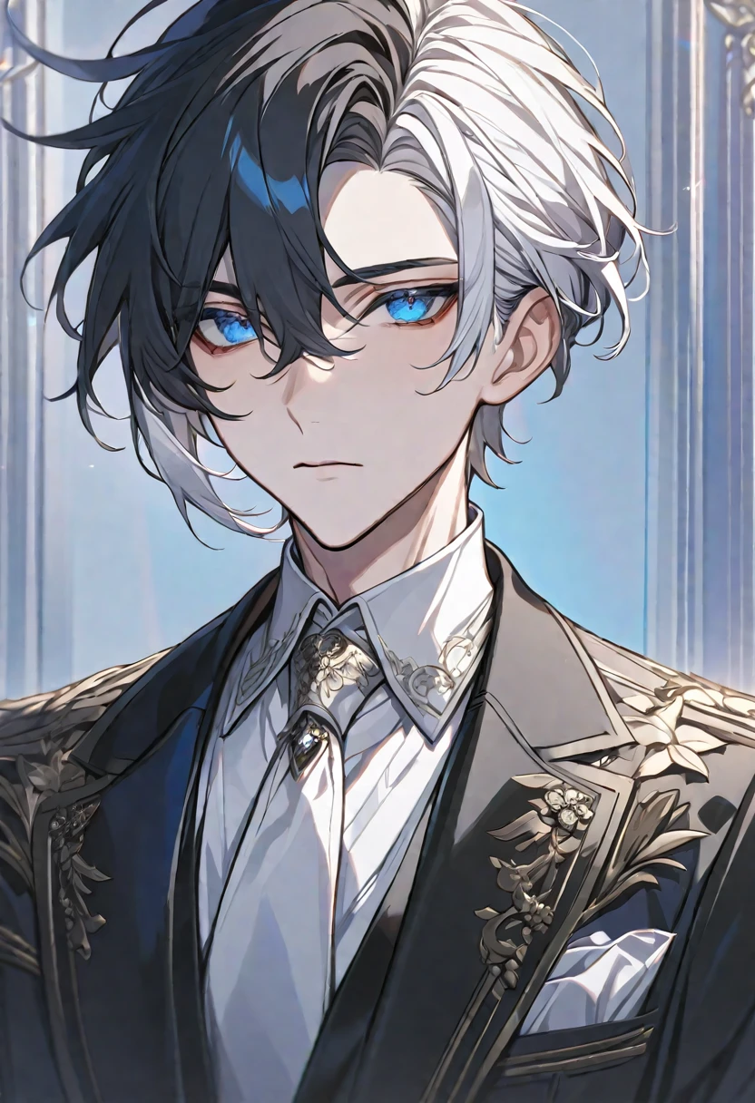 Alone, elegant, 1 male small , short hair, black hair and white hair, half and half, blue eyes, detailed, White shirt, white tie, black hood