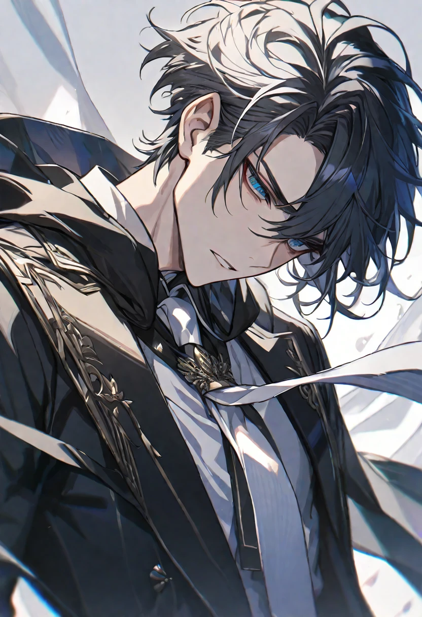 Alone, elegant, 1 male small , short hair, black hair and white hair, half and half, blue eyes, detailed, White shirt, white tie, black hood
