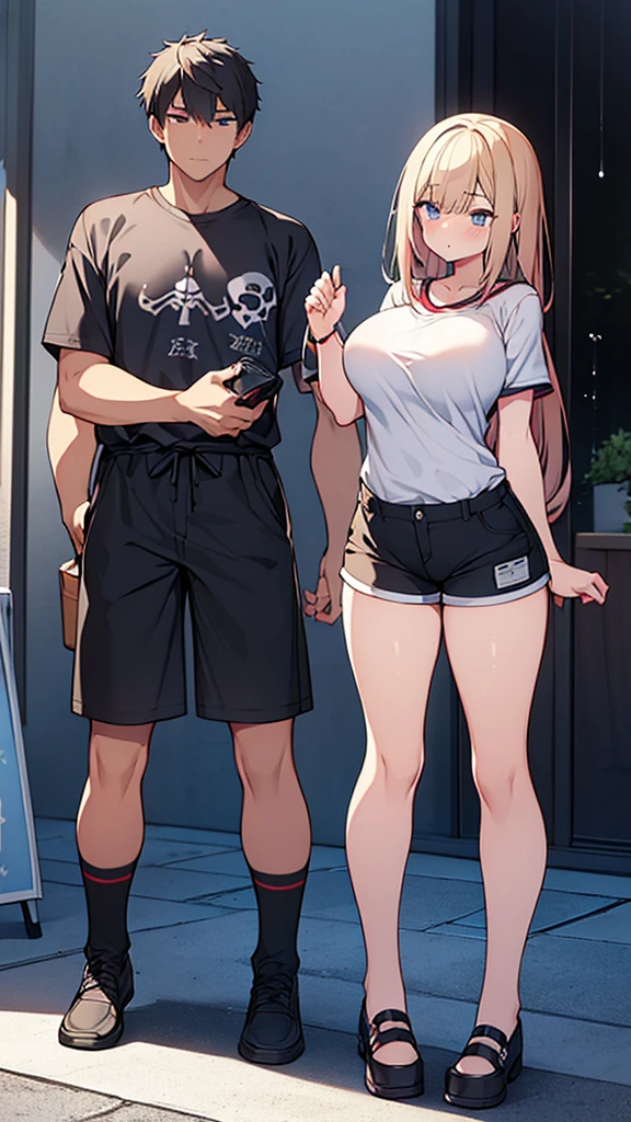 Full body image, front, One girl, 18-year-old, Mix 4, (32K, RAW Photos, Highest quality, masterpiece:1.2), (Anime-like, photoAnime-like:1.37), cute, Short sleeve T-shirt,Shorts,Black knee socks, night, rain, Humidity, Professional Lighting, Photon Mapping, Radio City, Physically Based Rendering, Super Resolution, (Big Breasts:1.2), {{The biological weapon that had preyed on the younger sister took her place and reunited with the older brother, The rebellious little sister has become the obedient little sister}}, Girl Skull, whole body, NSFW