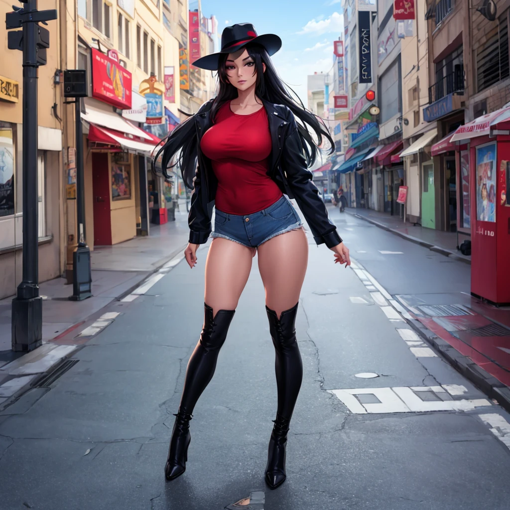 An 30 year old black haired Indian woman MILF wearing a casual red shirt, short black denim shorts, black boots, long hair, casual black hat, exposed thigh, full body, walking on a sidewalk overlooking Hollywood, blue sky with clouds,(solo woman), HDR, ultra resolution, sharp, masterpiece, 8K HD
