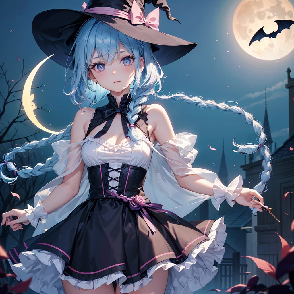 (Light blue medium hair:1.2),(Braided hair:1.2)、Pink eyes、Fair skin、cowboy shot、Halloween、The background is a pumpkin ghost、Crescent Moon、Trick or Treat、A lot of sweets、witch、Halloween night、Candy、many bat、Condescending expression、solo、(masterpiece、Highest quality、Very detailed、Best Shadow)、(Detailed Background)、(Beautifully detailed face)、High contrast、(Best lighting、Very delicate and beautiful)、(Cinematic Light)、colorful、Hyper Detail、Dramatic Light、Exquisite detail、