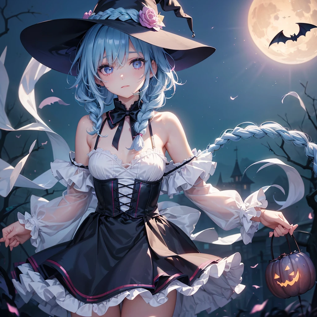 (Light blue medium hair:1.2),(Braided hair:1.2)、Pink eyes、Fair skin、cowboy shot、Halloween、The background is a pumpkin ghost、Crescent Moon、Trick or Treat、A lot of sweets、witch、Halloween night、Candy、many bat、Condescending expression、solo、(masterpiece、Highest quality、Very detailed、Best Shadow)、(Detailed Background)、(Beautifully detailed face)、High contrast、(Best lighting、Very delicate and beautiful)、(Cinematic Light)、colorful、Hyper Detail、Dramatic Light、Exquisite detail、