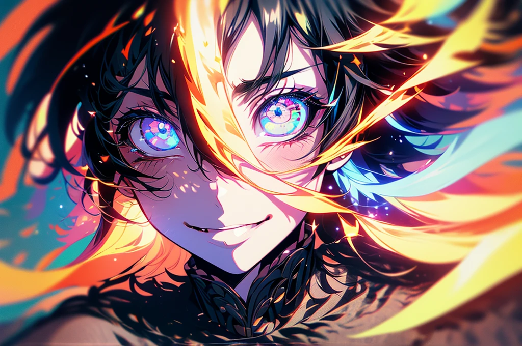 black hair, colored inner hair, hair behind ear, mullet, pointy hair, empty eyes, mismatched pupils, multicolored eyes, dilated pupils, eyeball, wide eyes, slit pupils, longeyelashes, hoop earrings, crazy, licking lips, seductive smile, long tongue, determined, evil, crazy smile, oral invitation, Conceptual art, anime, anime style, chiaroscuro, glowing light, cowboy shot, lens flare, 8k, super detail, UHD, masterpiece, accurate, accurate, textured skin, textured skin, high details, high quality, award winning, best quality, highres, 16k