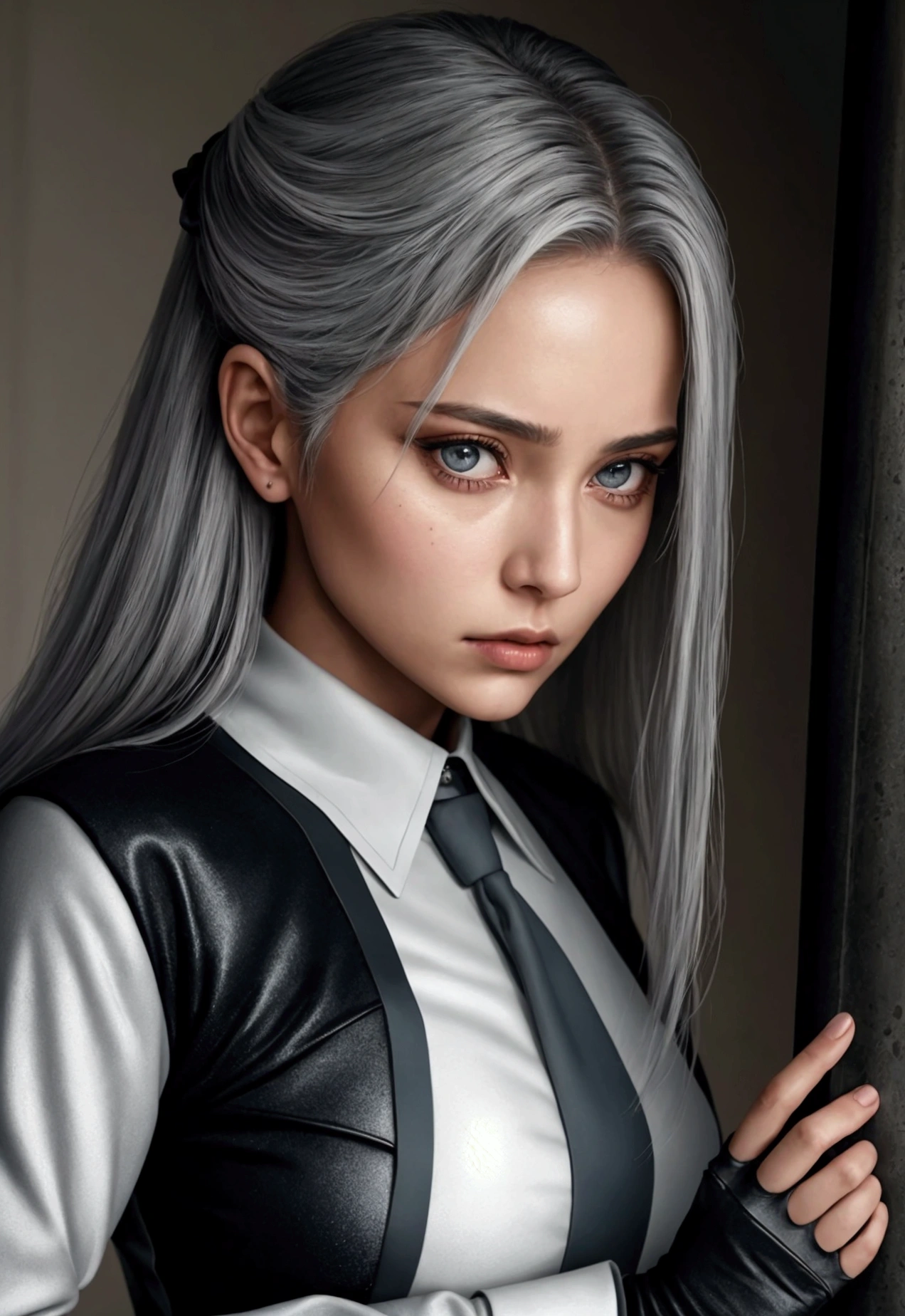 Simple White Background,
school uniform, green jacket,white collared shirt, Black Choker,
chained,jewelry,
White Hair,long hair,red eyes,Bangs,
1 girl, 20yo,Young female,Beautiful Finger,Beautiful long legs,Beautiful body,
Beautiful Nose,Beautiful character design, perfect eyes, perfect face,expressive eyes,perfect balance,
looking at viewer,(Focus on her face),closed mouth, (innocent_big_eyes:1.0),(Light_Smile:0.3),
official art,extremely detailed CG unity 8k wallpaper, perfect lighting,Colorful, Bright_Front_face_Lighting,White skin,
(masterpiece:1.0),(best_quality:1.0), ultra high res,4K,ultra-detailed,
photography, 8K, HDR, highres, absurdres:1.2, Kodak portra 400, film grain, blurry background, bokeh:1.2, lens flare, (vibrant_color:1.2),professional photograph,
(Beautiful,Breasts:1.0), (beautiful_face:1.5),(narrow_waist),