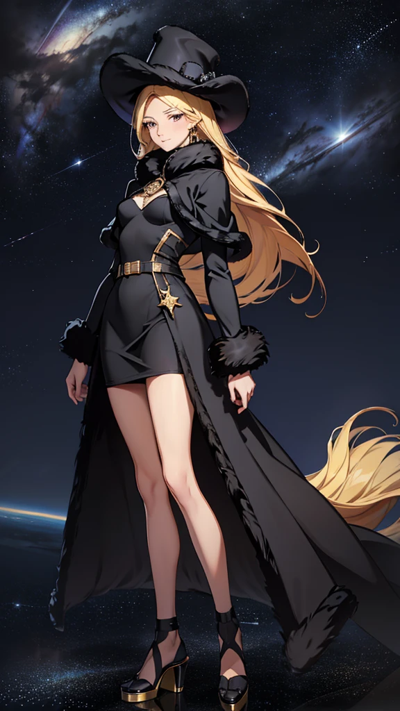masterpiece, ultra quality, Beautiful detailed, extremely detailed,16K, exquisite, absurdity, highres, Beautiful background, Beautiful eye, Beautiful skin, anime style, one girl, solo, looking at viewer, gentle smile, full body of woman, blonde hair, long hair, slit eyes, brown eyes, very long eyelashes, very long hair, glossy lips, closed mouth, expressionless, slender tall body, small breasts, BREAK

Jet black fur dress, fur trim, long jet black fur hat, capelette, jet black footwear, BREAK

night, star \(sky\), starry sky, space, SL train flying in the sky