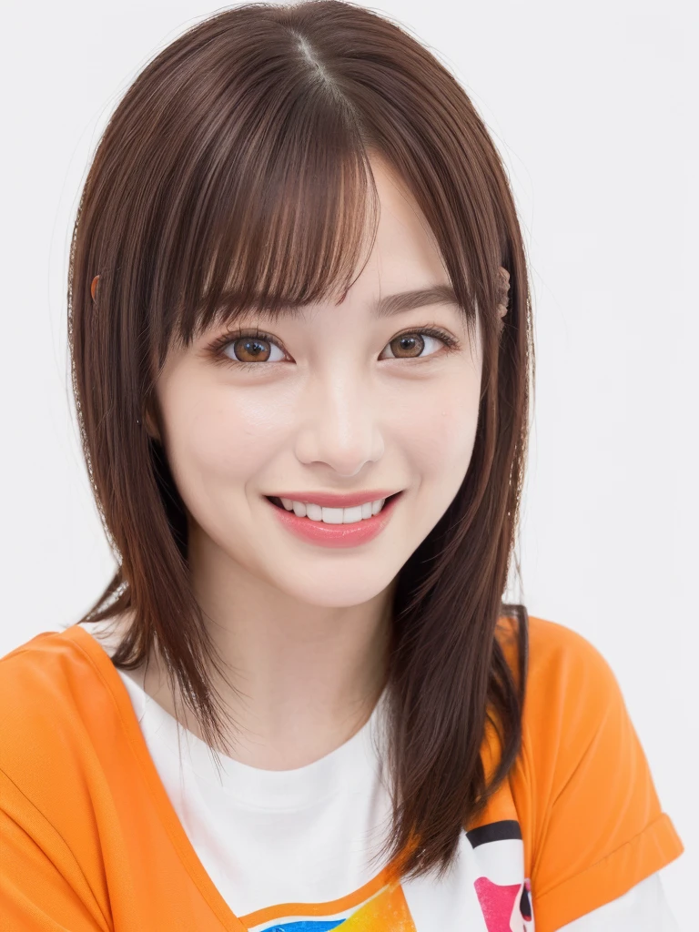 (Highest quality、8k、32K、masterpiece)、(Realistic)、(Photorealistic:1.2)、(High resolution)、Very detailed、Very beautiful face and eyes、1 girl、Round and small face、Narrow waist、Delicate body、(close、Highest quality、Attention to detail、Rich skin detail)、(Highest quality、8k、Oil paints:1.2)、Very detailed、(Realistic、Realistic:1.37)、Bright colors、(((Bust Shot)))、(((Brown Hair)))、(((Brown Hair)))、(((Medium Hair)))、(((Pure white wall background)))、(((Pure white wall background)))、(((Wearing orange clothes)))、(((She has a happy expression)))、(((Laughter)))、(((Wearing a crimson T-shirt)))、(((Look straight ahead)))、(((A shirt with a rainbow on it)))、(((Cross your arms)))、(((Frame In)))