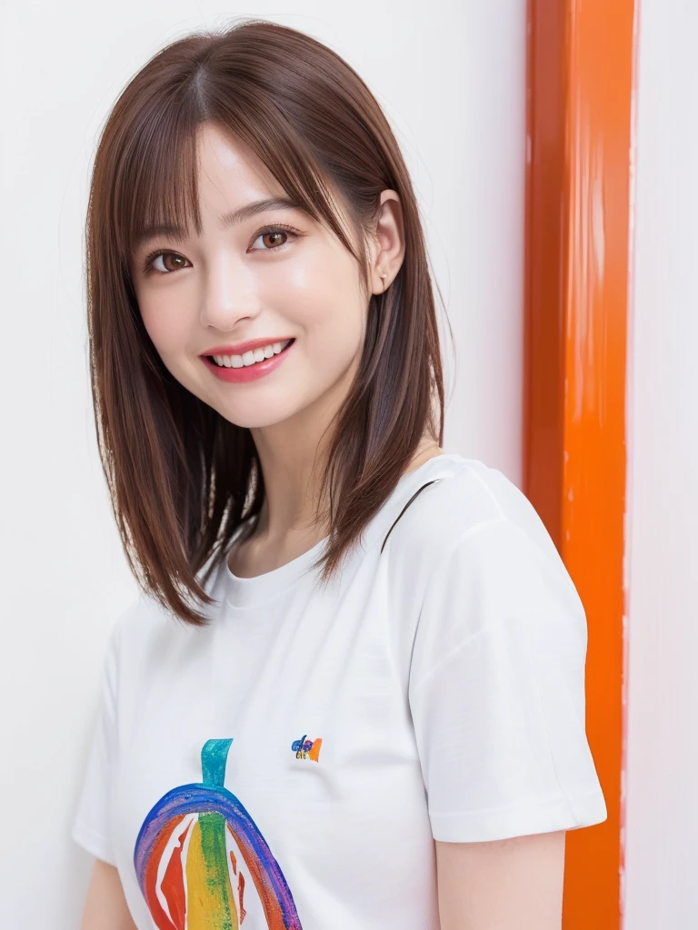 (Highest quality、8k、32K、masterpiece)、(Realistic)、(Photorealistic:1.2)、(High resolution)、Very detailed、Very beautiful face and eyes、1 girl、Round and small face、Narrow waist、Delicate body、(close、Highest quality、Attention to detail、Rich skin detail)、(Highest quality、8k、Oil paints:1.2)、Very detailed、(Realistic、Realistic:1.37)、Bright colors、(((Bust Shot)))、(((Brown Hair)))、(((Brown Hair)))、(((Medium Hair)))、(((Pure white wall background)))、(((Pure white wall background)))、(((Wearing orange clothes)))、(((She has a happy expression)))、(((Laughter)))、(((Wearing a crimson T-shirt)))、(((Look straight ahead)))、(((A shirt with a rainbow on it)))、(((Cross your arms)))、(((Frame In)))