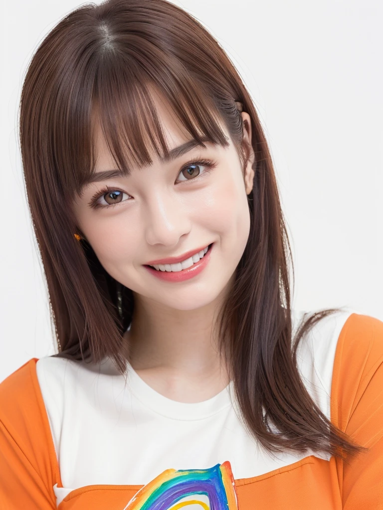 (Highest quality、8k、32K、masterpiece)、(Realistic)、(Photorealistic:1.2)、(High resolution)、Very detailed、Very beautiful face and eyes、1 girl、Round and small face、Narrow waist、Delicate body、(close、Highest quality、Attention to detail、Rich skin detail)、(Highest quality、8k、Oil paints:1.2)、Very detailed、(Realistic、Realistic:1.37)、Bright colors、(((Bust Shot)))、(((Brown Hair)))、(((Brown Hair)))、(((Medium Hair)))、(((Pure white wall background)))、(((Pure white wall background)))、(((Wearing orange clothes)))、(((She has a happy expression)))、(((Laughter)))、(((Wearing a crimson T-shirt)))、(((Look straight ahead)))、(((A shirt with a rainbow on it)))、(((Cross your arms)))、(((Frame In)))