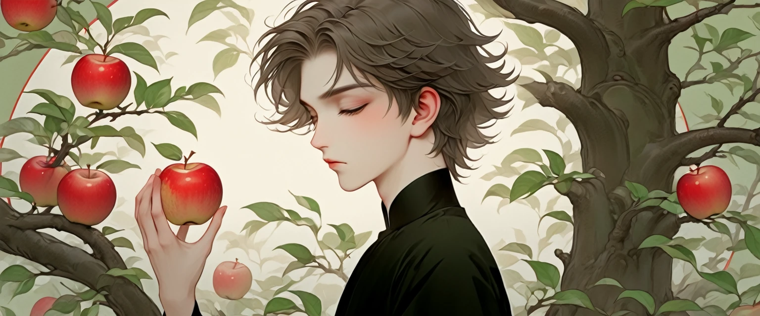 (masterpiece, best quality:1.2), 1 young boy, Pleasant alone,Pretty Face，Many apples on the apple tree，Red Lipoism Art Nouveau，Illustration style，Black and green，Rose，Chinese elements