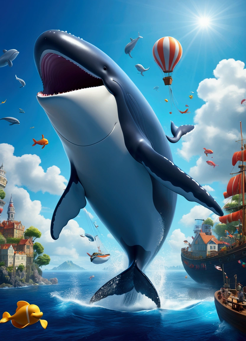 (Flying Whale), reaching the critical point of sky blue shown as sea blue fractal shapes blending together, in Ethereal Watercolor style, with dreamy washes, full body, award-winning, cinematic still, emotional, vignette, dynamic, vivid, (masterpiece, best quality, Professional, perfect composition, very aesthetic, absurdres, ultra-detailed, intricate details:1.3)