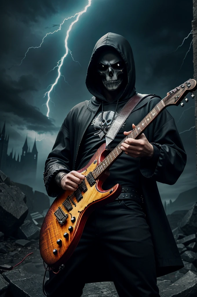 Create a hyper realistic image in the same style as the provided image, which features a large stylized letter 'R' with a dark, fantasy theme. Include a figure wearing a hooded garment and holding an electric guitar, with elements of gothic or dark fantasy such as skulls or mystical creatures. Surround the scene with dynamic effects like lightning to enhance the mysterious and powerful atmosphe