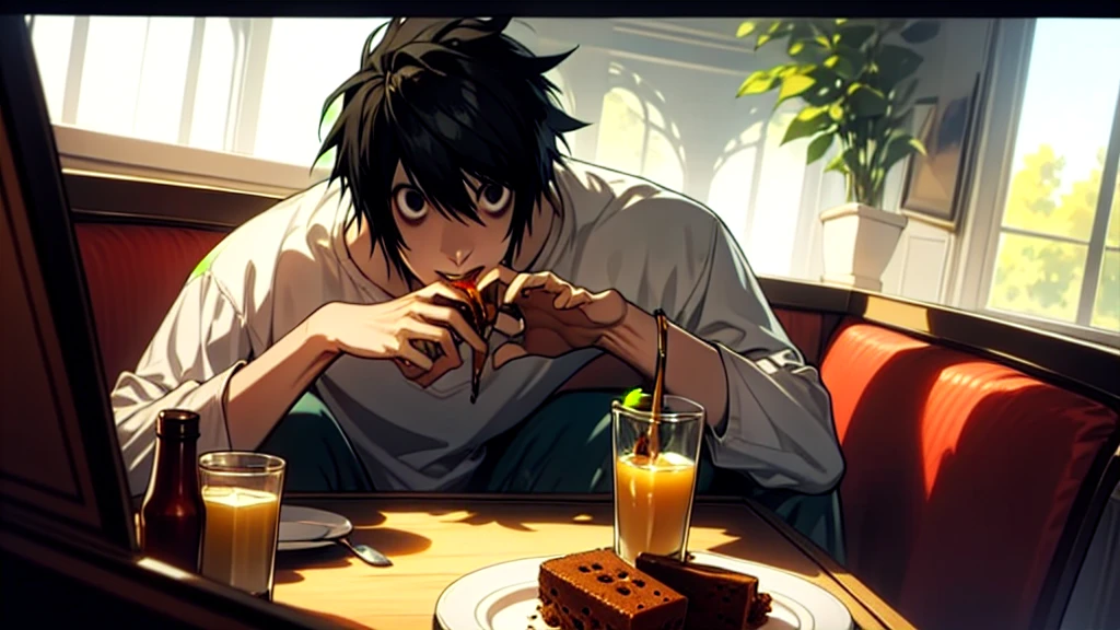 1 boy, man, perfect anatomy, mesmerizing black eyes, 8k resolution, (one person), (realism: 1.2), (masterpiece: 1.2), (cowboy frame: 1.2), dark romantic lighting, (high detail: 1.2), (detailed face: 1.2), (gradients), bright detailed eyes, (natural light: 1.2), solo, indoors, perfect lighting, (black lips), vampire fangs, perfect facial features, perfect angle, perfectly drawn eyes, man, smile, skinny, sitting, eating a brownie 