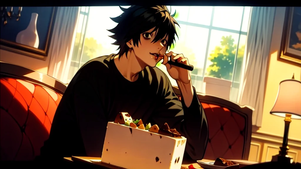 1 boy, man, perfect anatomy, mesmerizing black eyes, 8k resolution, (one person), (realism: 1.2), (masterpiece: 1.2), (cowboy frame: 1.2), dark romantic lighting, (high detail: 1.2), (detailed face: 1.2), (gradients), bright detailed eyes, (natural light: 1.2), solo, indoors, perfect lighting, (black lips), vampire fangs, perfect facial features, perfect angle, perfectly drawn eyes, man, smile, skinny, sitting, eating a brownie 