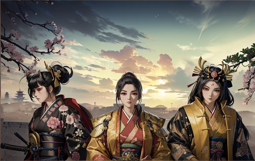 Female, (girls:1.5), (exceptional, best aesthetic, new, newest, best quality, anime, waifu:1.2), best quality, ultra detailed, absurdres, highres, colored, good anatomy, black hair, pretty faceJapanese Samurai armor, swords, Kimono clothes, capes, Japanese castle, tree