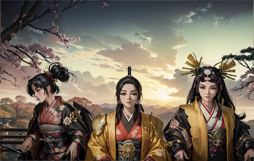 Female, (girls:1.5), (exceptional, best aesthetic, new, newest, best quality, anime, waifu:1.2), best quality, ultra detailed, absurdres, highres, colored, good anatomy, black hair, pretty faceJapanese Samurai armor, swords, Kimono clothes, capes, Japanese castle, tree