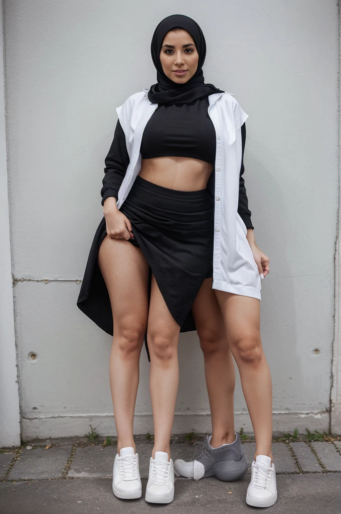 trileg, beautiful woman with three curvy legs, black crop with skirt, casual white sneakers, age 29, Irish, hijab
