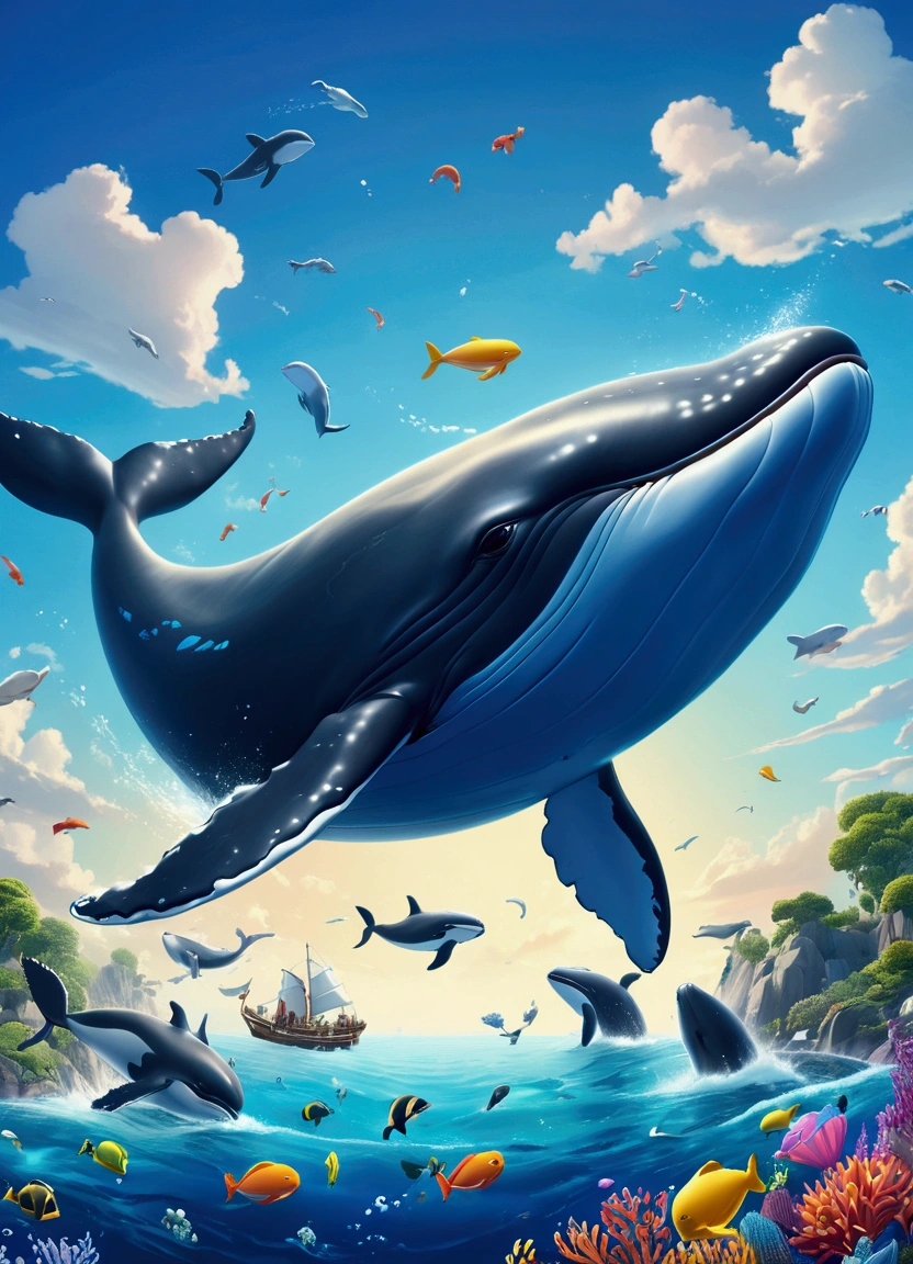 (Flying Whale), reaching the critical point of sky blue shown as sea blue fractal shapes blending together, in Ethereal Watercolor style, with dreamy washes, full body, award-winning, cinematic still, emotional, vignette, dynamic, vivid, (masterpiece, best quality, Professional, perfect composition, very aesthetic, absurdres, ultra-detailed, intricate details:1.3)