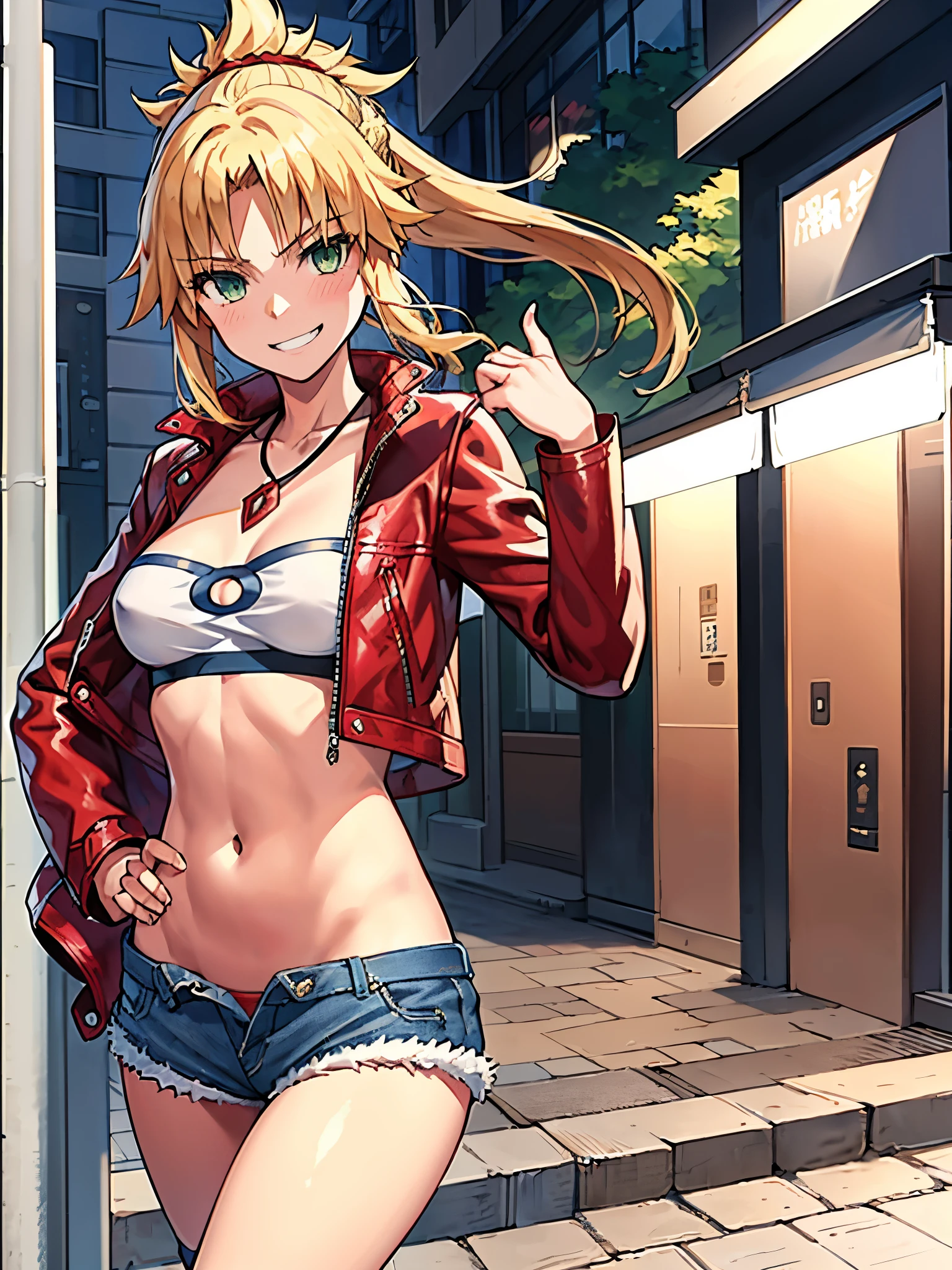 Masterpiece, Best Quality, illustration, city street, 1girl, Mordred \(fate\), cowboy shot, collarbone, Detailed blond hair ponytail braid, green eyes, Red leather jacket, White short blouse, denim shorts,navel,thigh-high,grin, covered_pussy,skiny