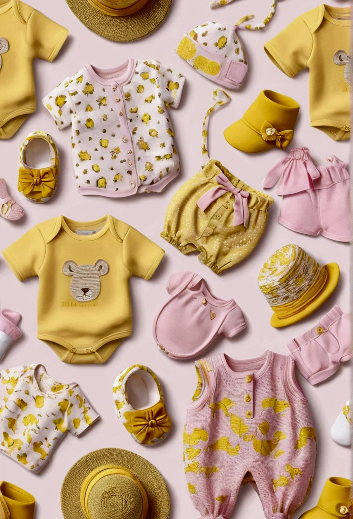 a collection of clothes for newborns in pink, yellow and straw, detailed, delicate, realist, with safari theme, baby girl, cute, 4k