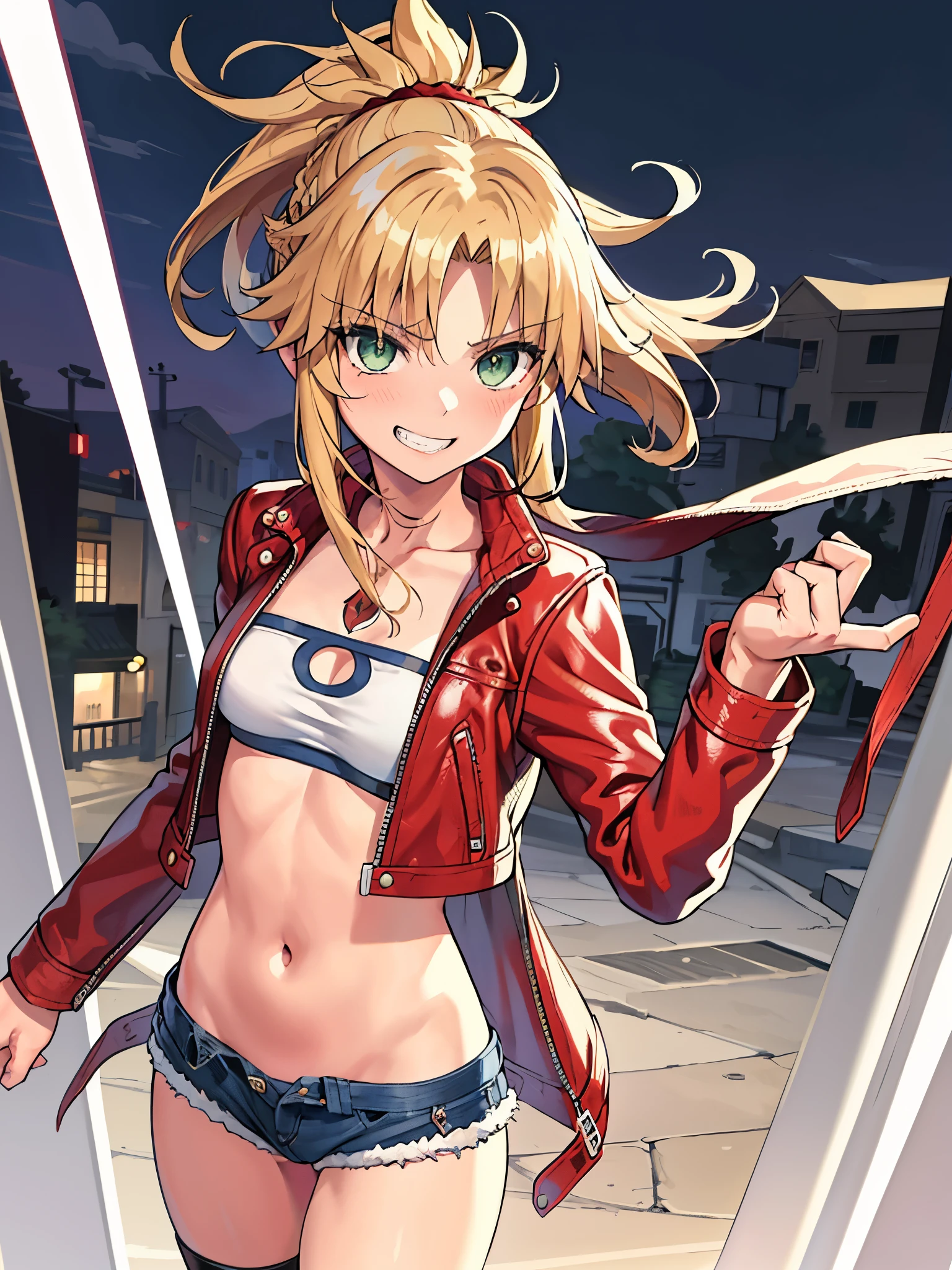 Masterpiece, Best Quality, illustration, city street, 1girl, Mordred \(fate\), cowboy shot, collarbone, Detailed blond hair ponytail braid, green eyes, Red leather jacket, White short blouse, denim shorts,navel,thigh-high,grin, covered_pussy,skiny