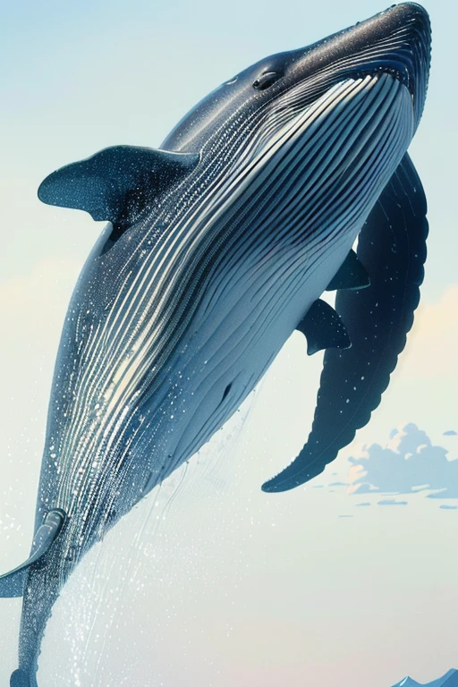 ((high quality, 8k, Whale in the Sky, A detailed depiction of a whale, Very detailed, Most detailed, Super detailed, Very delicate and beautiful, Beautiful artwork illustration, Realistic，Christian Lassen style, Beautiful artwork illustration, Clear lines, High Sharpness, , Cinematic lighting effects))