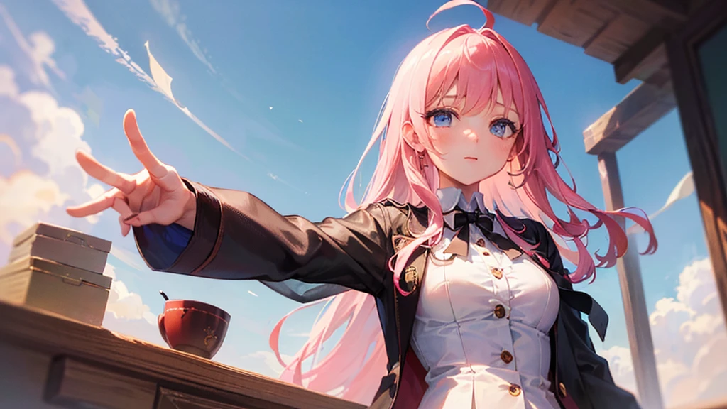 (finely detailed beautiful eyes and detailed face,masterpiece sidelighting,masterpiece,best quality,detailed,high resolution illustration),
(1girl,whole body,bishoujo,lustrous skin,looking down,looking at viewer),
(sky pink hair,Blue eyes,short skirt,ribbon,button shirt)、tits、Beautiful 5 fingers、Black lace pants、