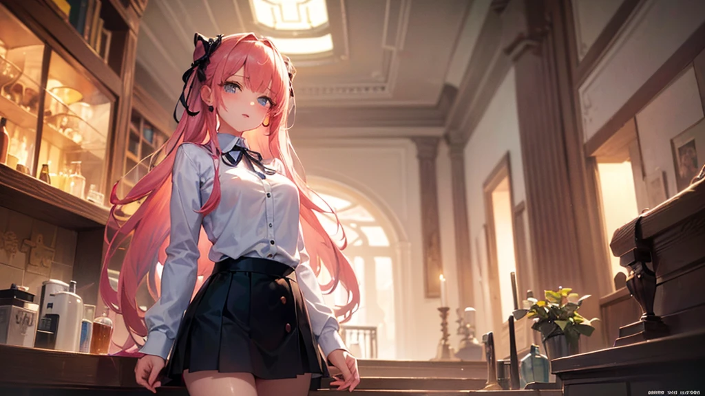 (finely detailed beautiful eyes and detailed face,masterpiece sidelighting,masterpiece,best quality,detailed,high resolution illustration),
(1girl,whole body,bishoujo,lustrous skin,looking down,looking at viewer),
(sky pink hair,Blue eyes,short skirt,ribbon,button shirt)、tits、Beautiful 5 fingers、Black lace pants、
